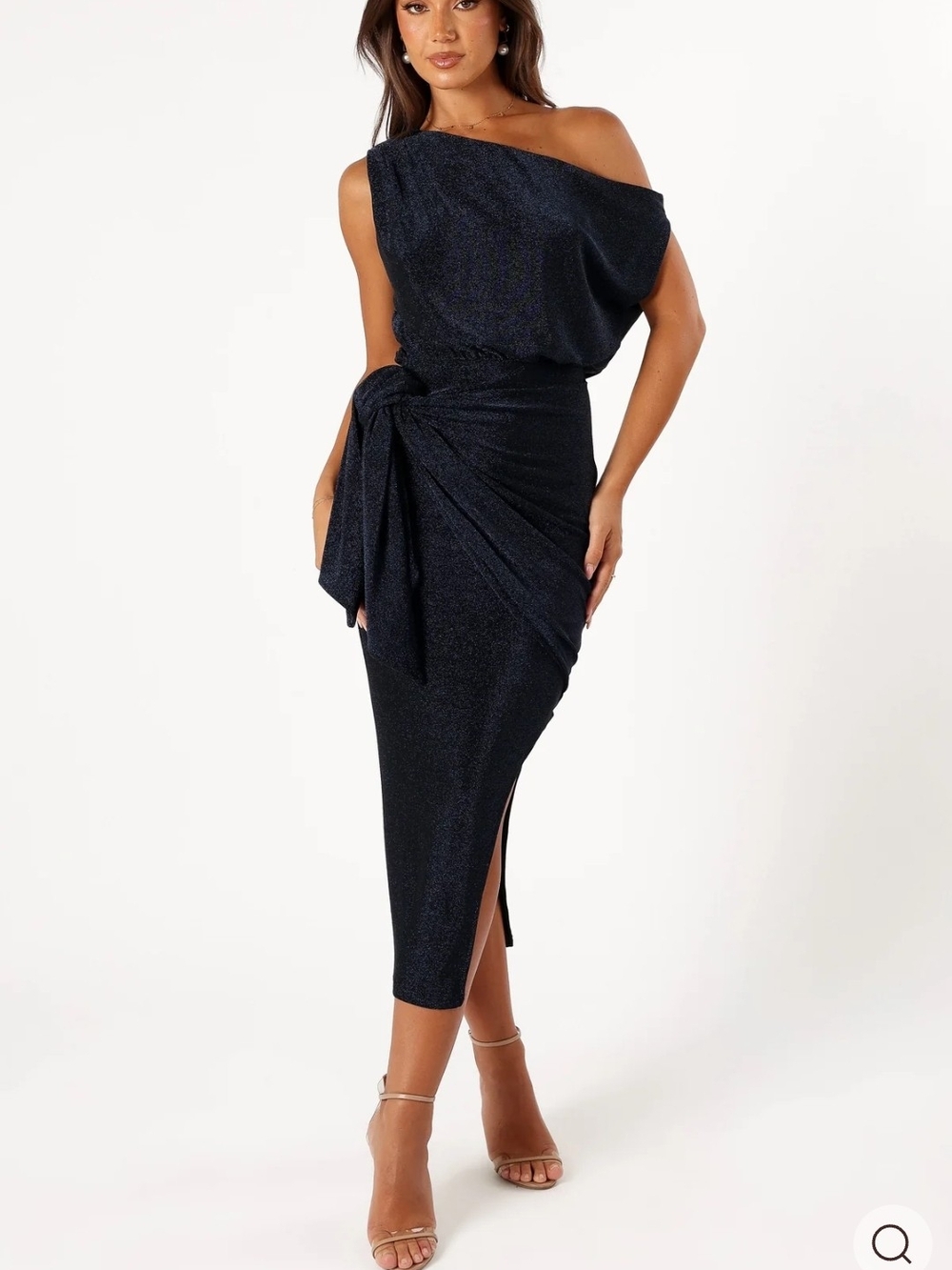 Petal & Pup One-Shoulder Navy Shimmer Midi Dress